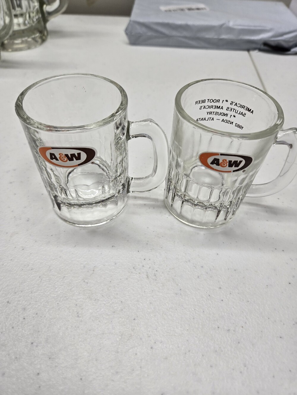 2 VTG Mini Baby A&W Root Beer Mugs Glass Clear Heavy All American Food  3.25"